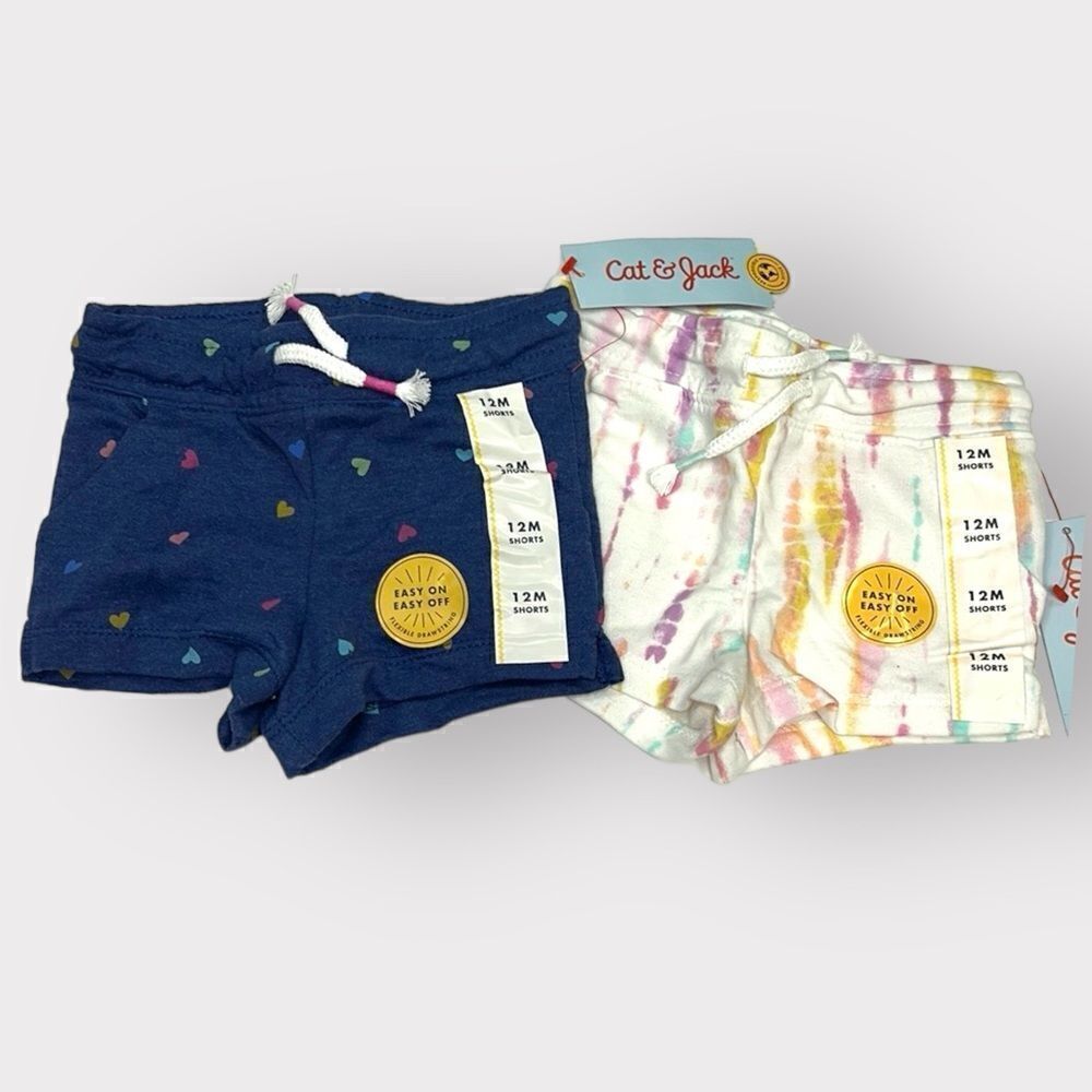 BUNDLE of 2 Cat & Jack Girls Easy on Easy off Drawstring Shorts Size 12 Months